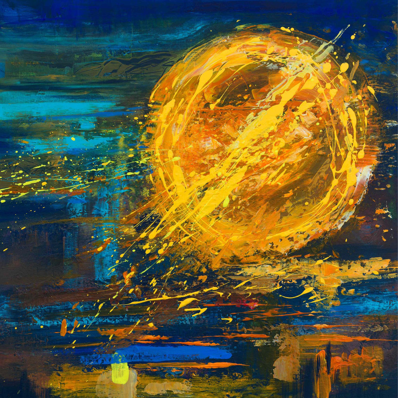 abstract painting in bright colours of a sun on a cornish beach