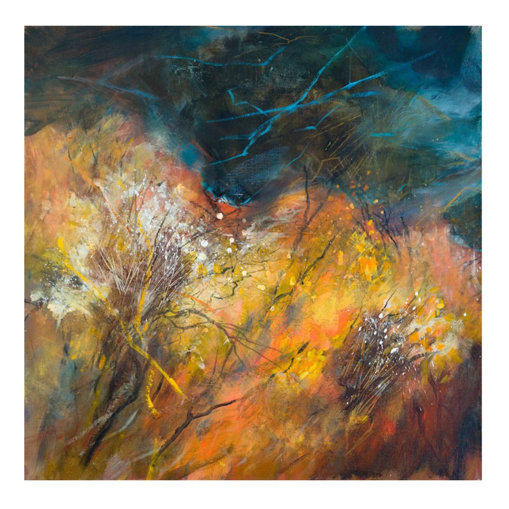 abstract coastal painting of deep cliffs and tangled hedges