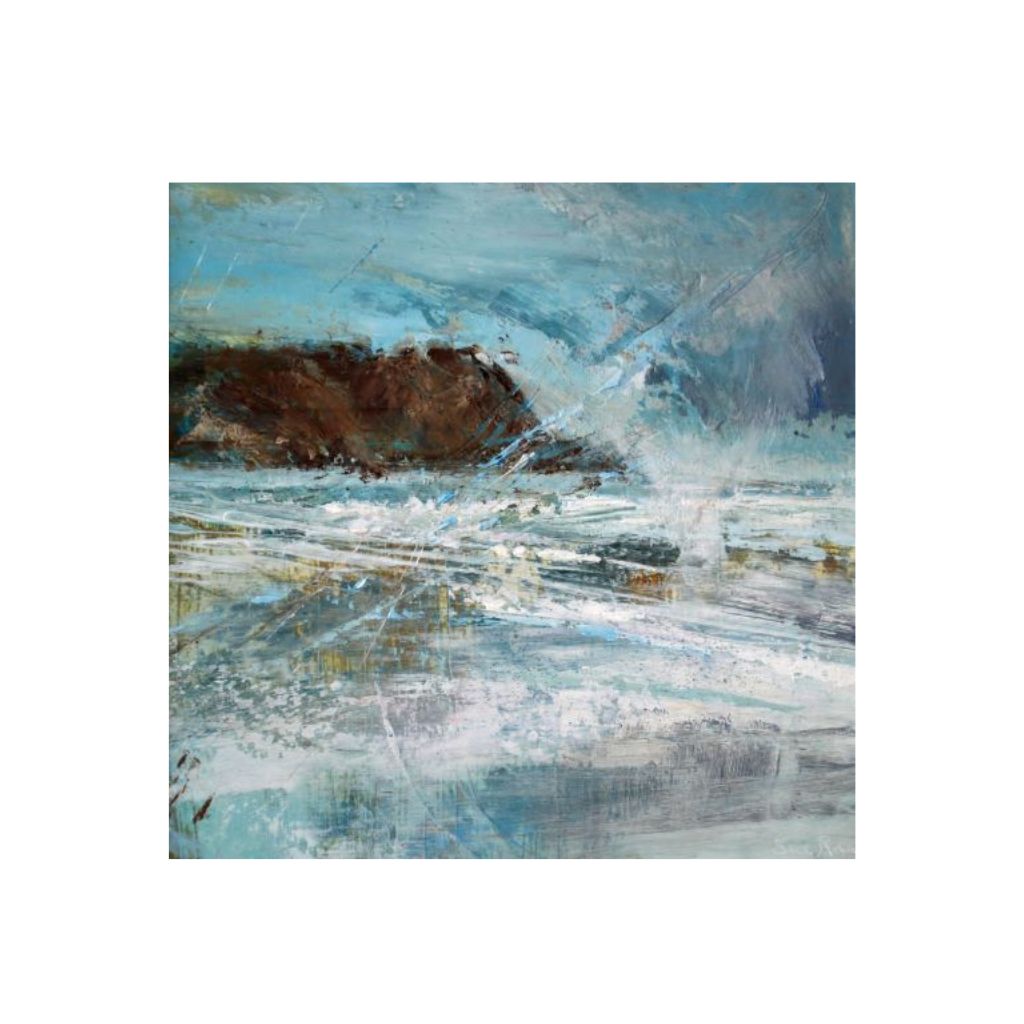 Abstract marks across a beach painting with cliffs