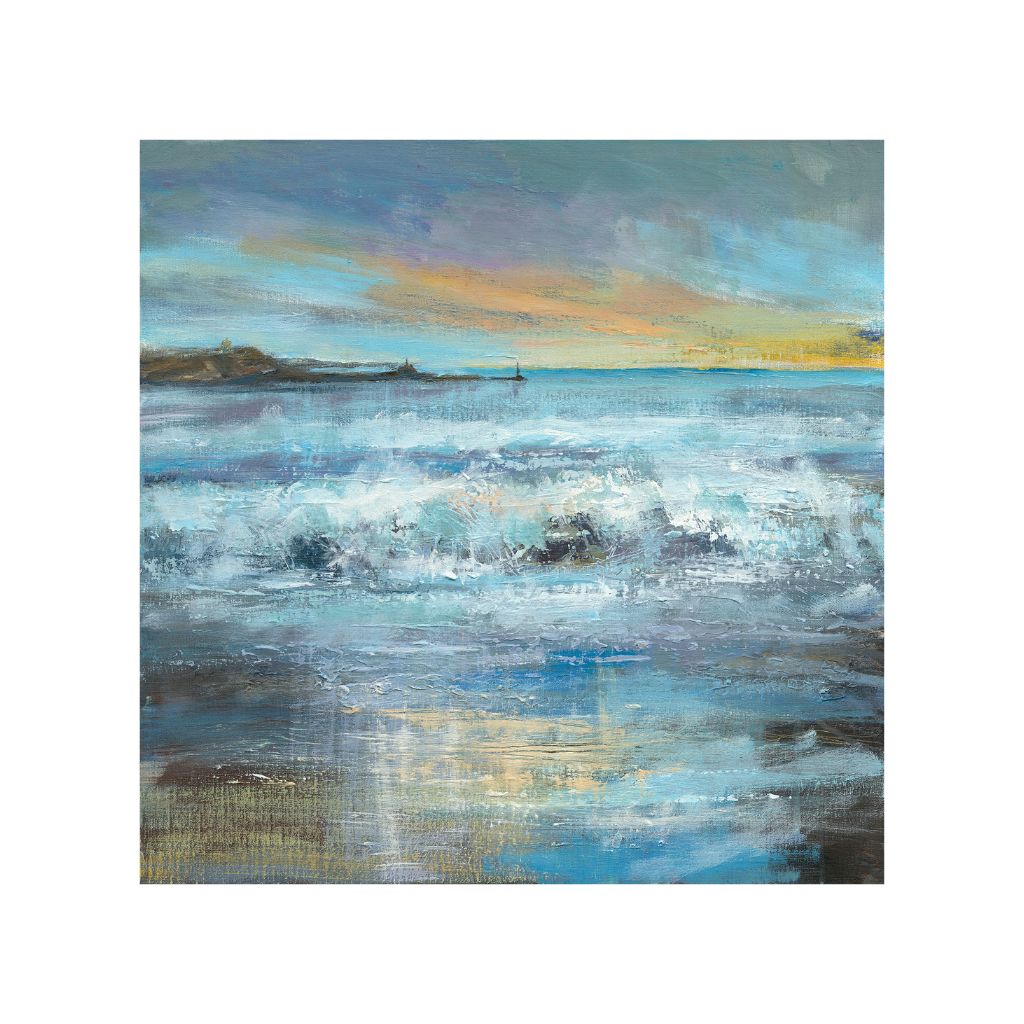 Abstract painting of a coastal scene with waves and sky.