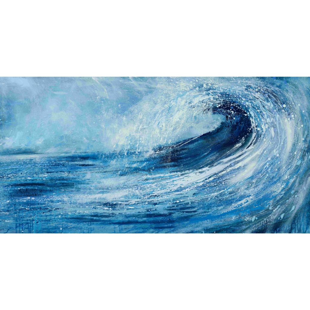 large curling surf wave in blues and white highlights