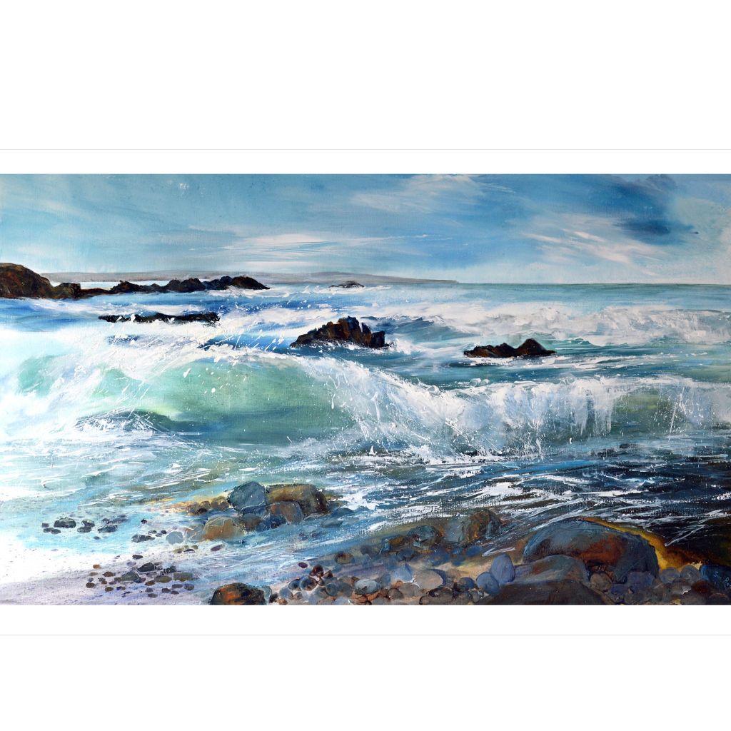 seascape painting with waves duckpool, coombe valley north cornwall