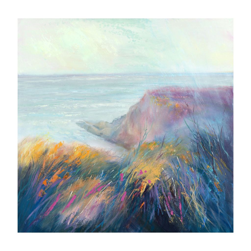 Cliffs and clifftops in lots of colours on a canvas painting